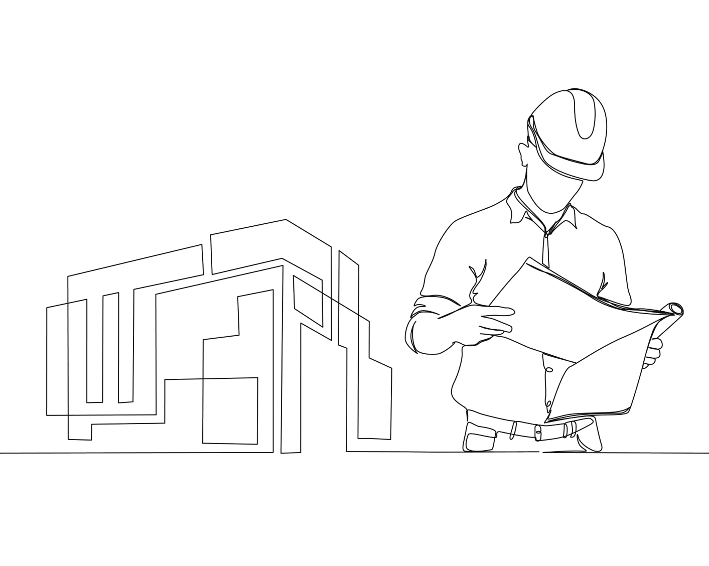Batiment avec chef de chantier draw line
